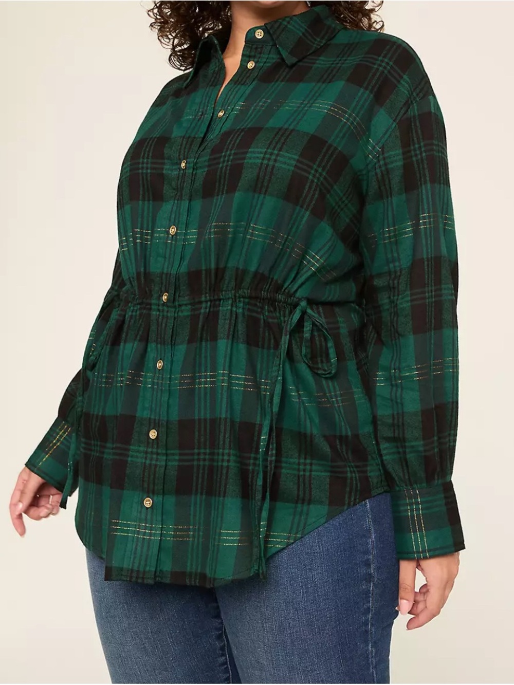 Lane Bryant Women’s Green Plaid Button-Up Drawstring Top - Picture 9 of 11